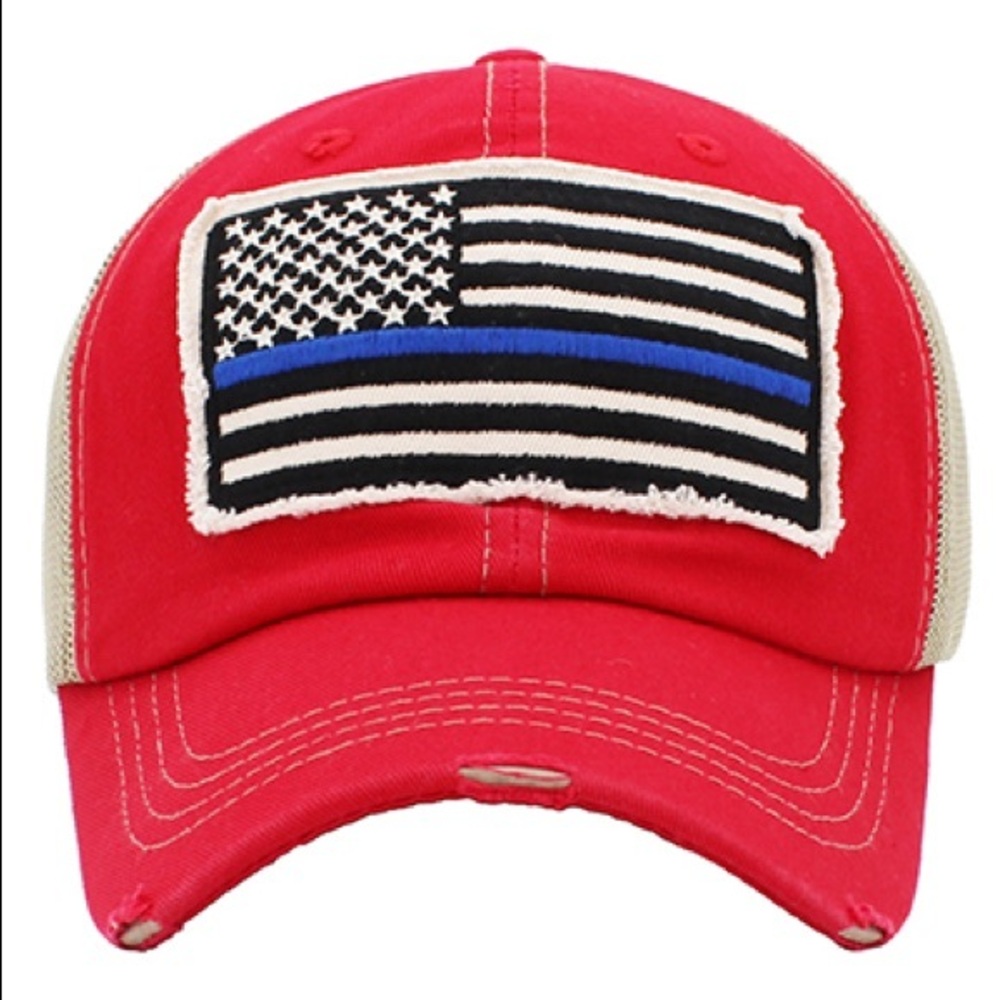 Vintage red flag blue stripe mesh fashion hat